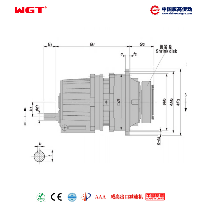 P2SA30 (i:45-125) P系列行星 一级斜齿平行轴 带锁紧盘空心轴