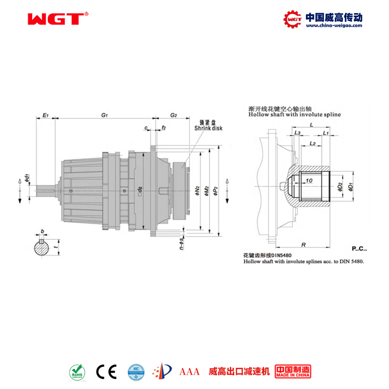 P2NC36 (i:25-40) P系列行星 标准同轴式 渐开线花键空心轴输出轴