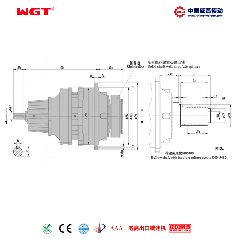 P3ND32 (i:140-280) P系列行星 标准型(同轴式) 渐开线花键实心轴